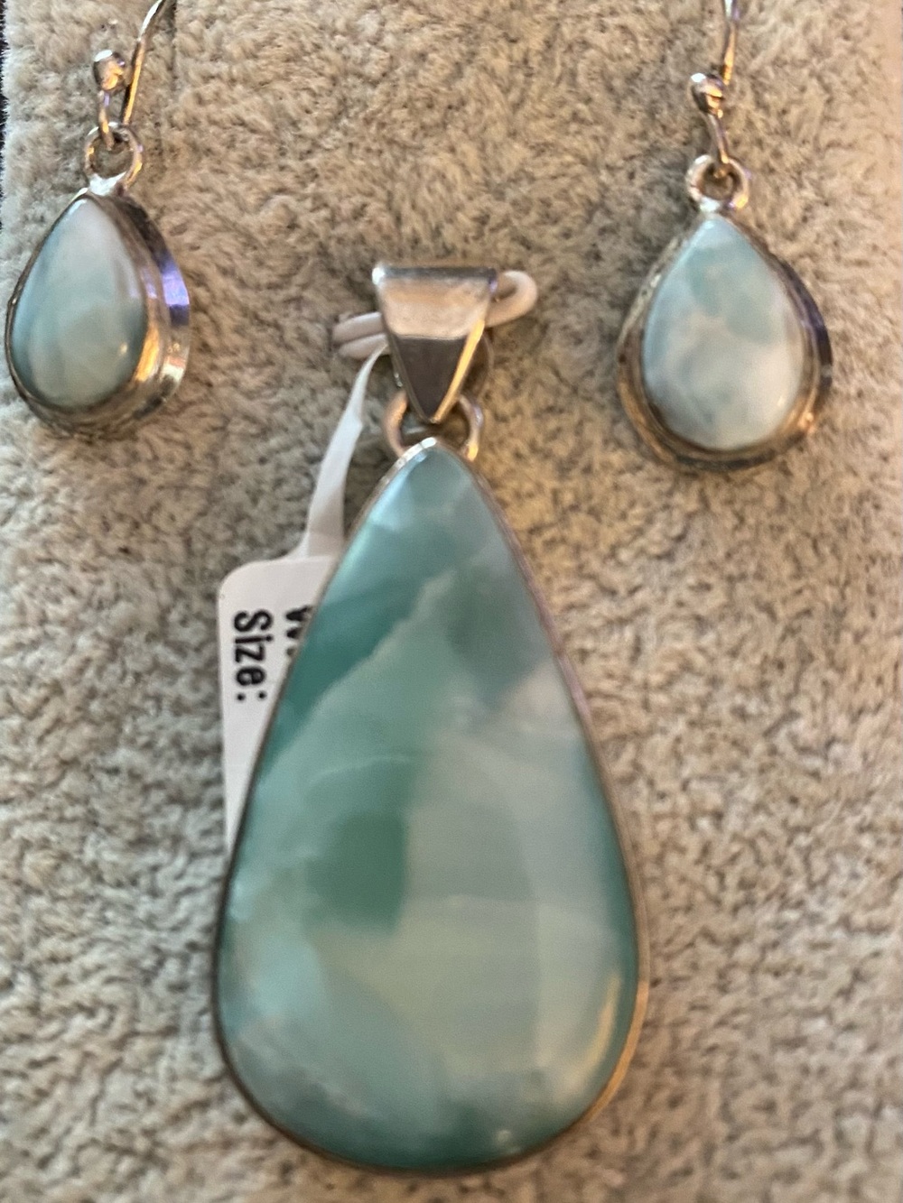 Sterling Silver Teardrop Larimar Pendant and Earring Set - Light Blue